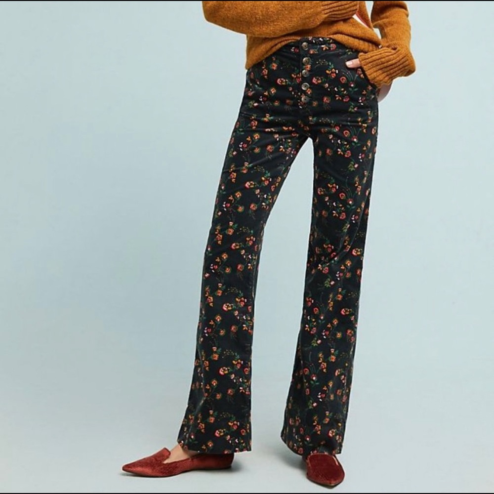 PILCRO ANTHRO FLORAL CORDUROY WIDE LEG PANTS
